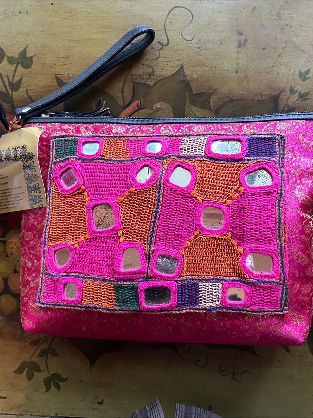 Clever Carriage Company Handcrafted Pink Orange Embroidered Wristlet Clutch-New